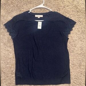 LOFT Dark Blue Lace Trim Short Sleeve Top